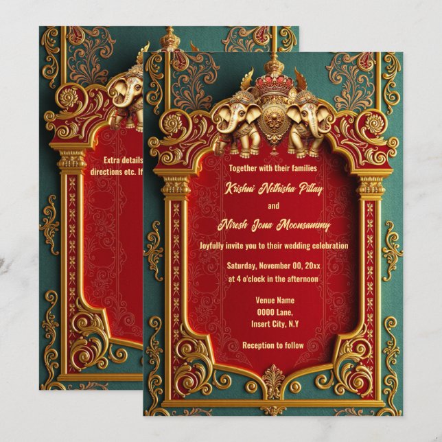 Invitation Éphiles indiens turquoise or bordeaux mariage roya (Devant / Derrière)