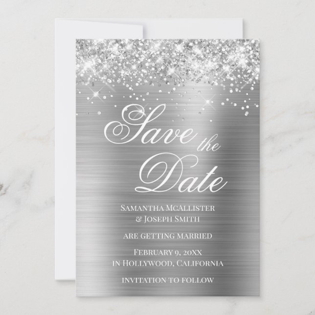 Invitation Épingle Argent Pailleté Enregistrer la Date (Devant)