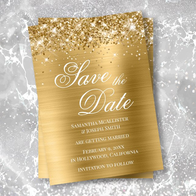 Invitation Épinglez Date de Mariage en Feuille d'Or Pailletée (Créateur téléchargé)