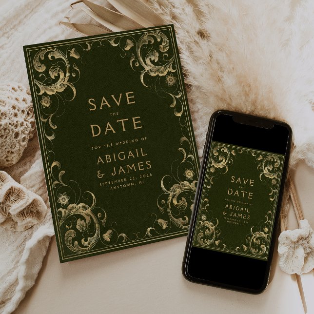 Invitation Épinglez Vert Olive Doré Mariage Save the Date (Créateur téléchargé)