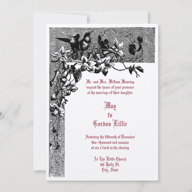 Invitation Époque victorienne 1874 Hummingbird Pair Floral Ma (Devant)