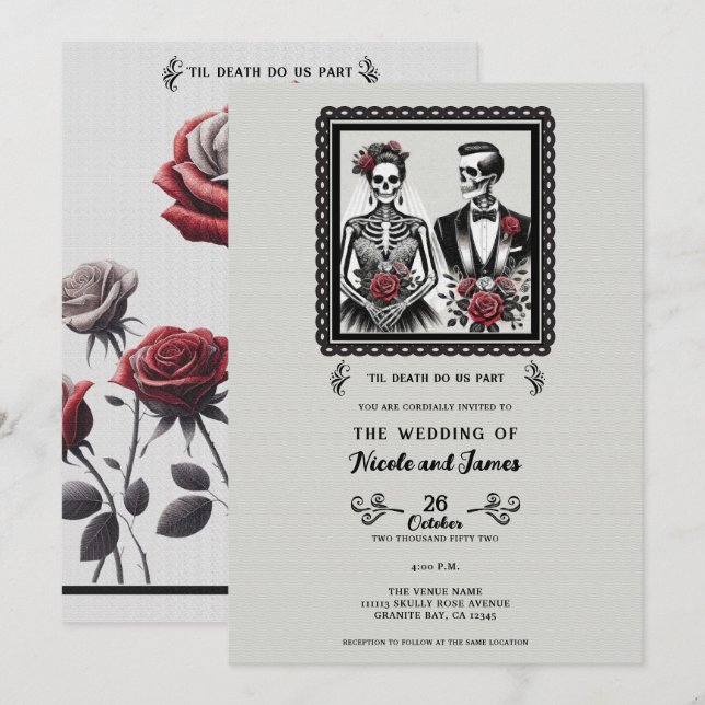Invitation Épouse squelette et Mariage floral gris (Devant / Derrière)