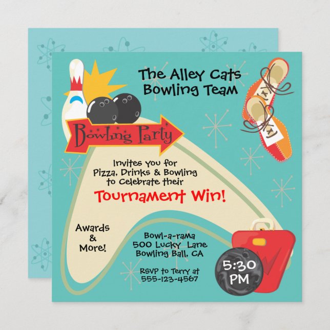 Invitation Équipe de bowling rétro Ligue Fête (Devant / Derrière)