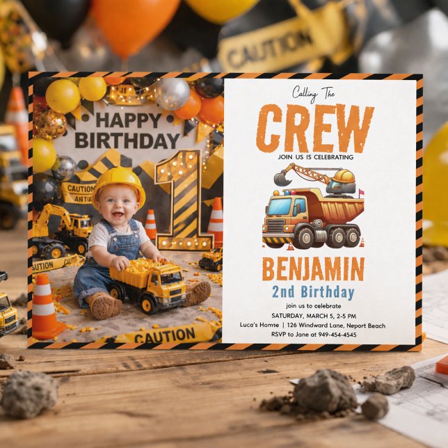 Invitation Équipe de construction Camion à benne Basculant Ga (Construction Crew Dump Truck Boy 2nd Birthday Invitation
)