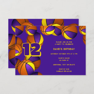 Invitation équipe d'or violet couleurs basket-ball anniversai
