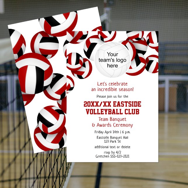 Invitation équipe noire rouge couleurs volleball saison banqu (Volleyball team party invitation, front & back views)
