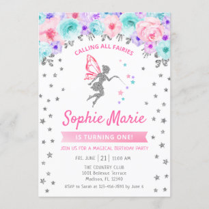 Invitation Ęr anniversaire de fée - rose pourpre turquoise