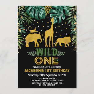 Invitation Ęr anniversaire un/or de jungle d'animaux sauvages