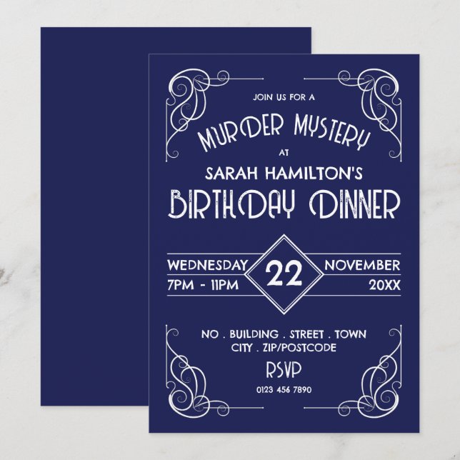 Invitation Ere encadrée victorienne, Mystère du meurtre Anniv (Devant / Derrière)