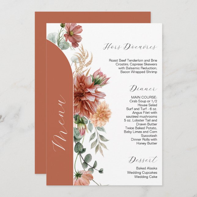 Invitation erracotta et Peach Automne Floral Mariage Menu (Devant / Derrière)