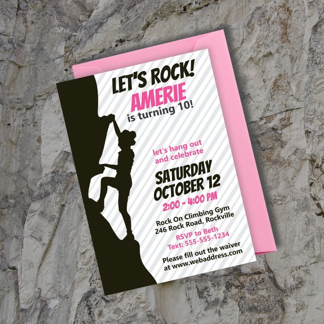 Invitation Escalade Black Girl Rock (Rock Climbing Party Invitation features the silhouette of a black girl climbing a rock. Pink & gray)