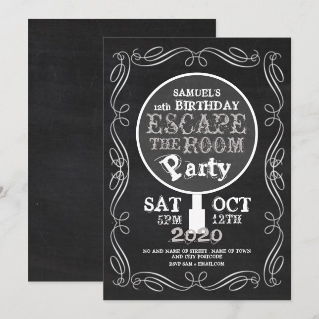 Invitation Escape Room, Chalkboard fête d'anniversaire (Devant / Derrière)