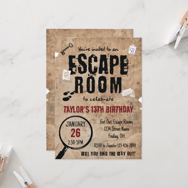Invitation Escape Room Clues Anniversaire Fête, N'Importe Que (Devant/Arrière en situation)
