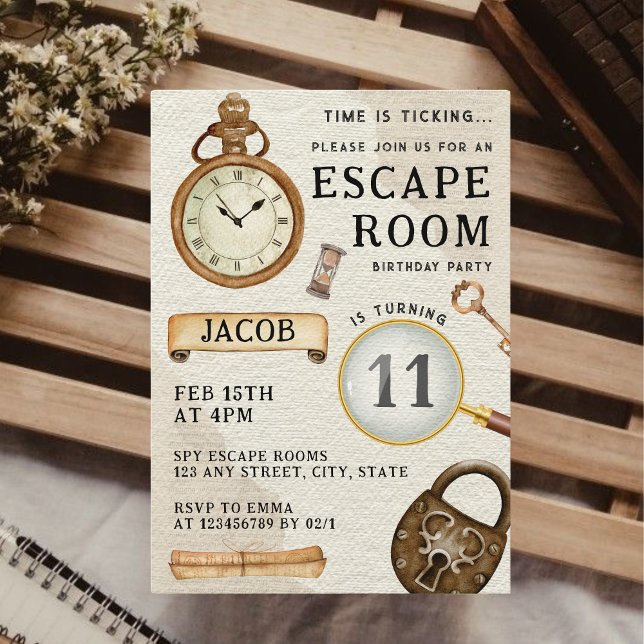 Invitation Escape Room Fête d'anniversaire de l'enfant (Escape Room Kid's Birthday Party Invitation Spy Detective Puzzle Solve the Case Unique )