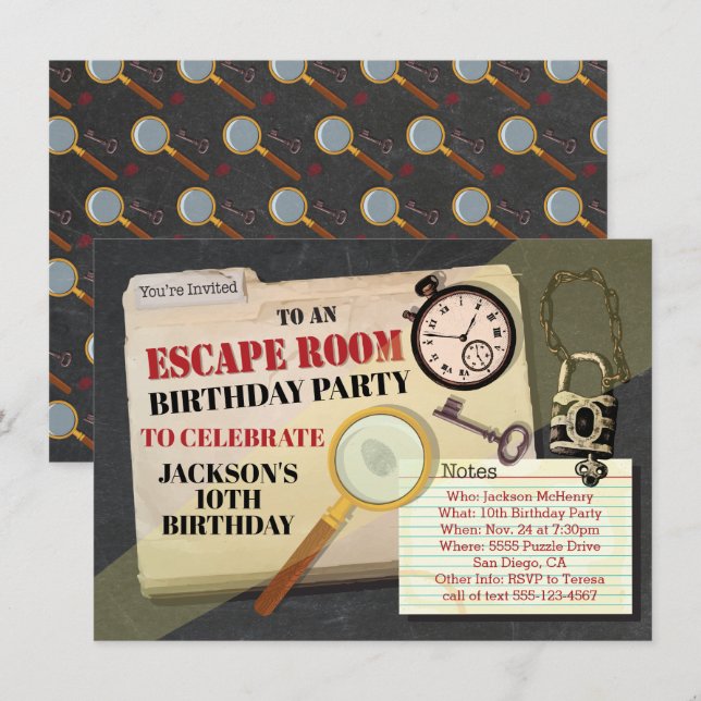 Invitation Escape Room Mystery Spy Anniversaire Party (Devant / Derrière)