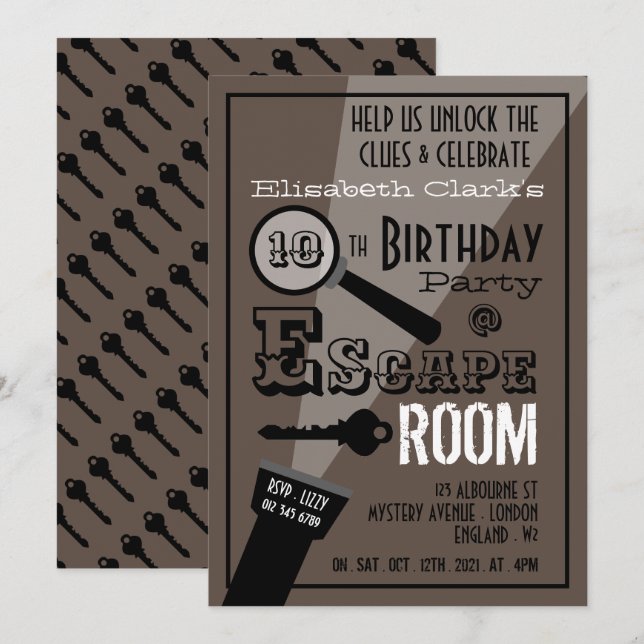 Invitation Escape Room, Soirée d'Anniversaire (Devant / Derrière)