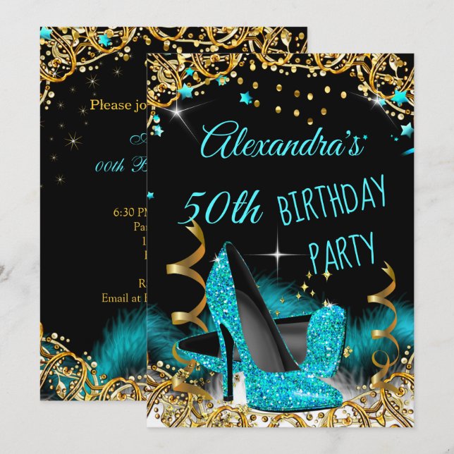 Invitation Escarpins Bleu Canard Pailletés Or Fête d'Annivers (Devant / Derrière)
