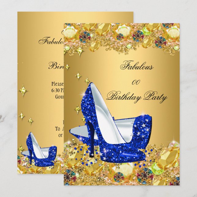 Invitation Escarpins dorés à paillettes bleu roi pour une fêt (Devant / Derrière)