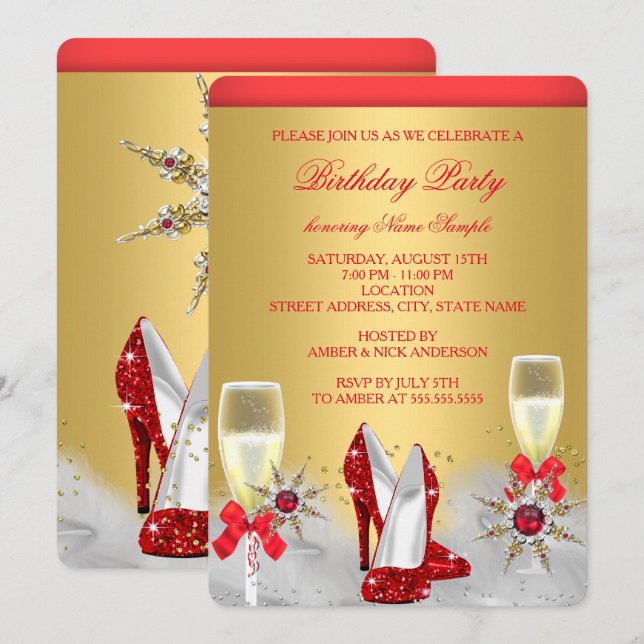 Invitation Escarpins dorés pailletés rouge Champagne argenté (Devant / Derrière)