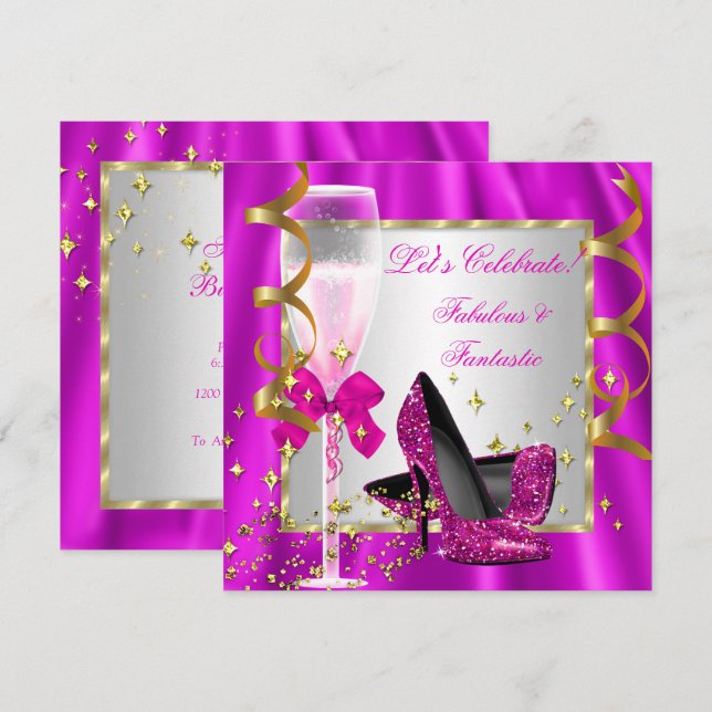 Invitation Escarpins rose vif argent pour fête d'anniversaire (Devant / Derrière)