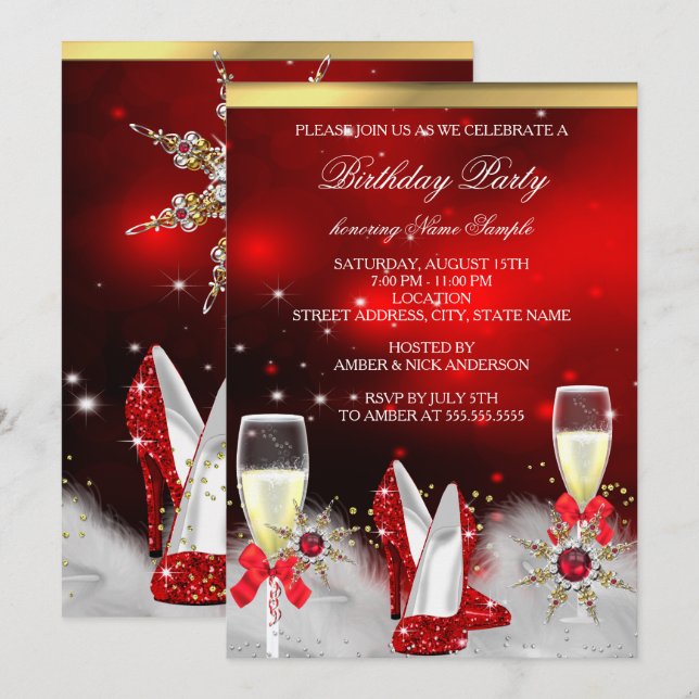 Invitation Escarpins rouges pailletés argent or champagne (Devant / Derrière)