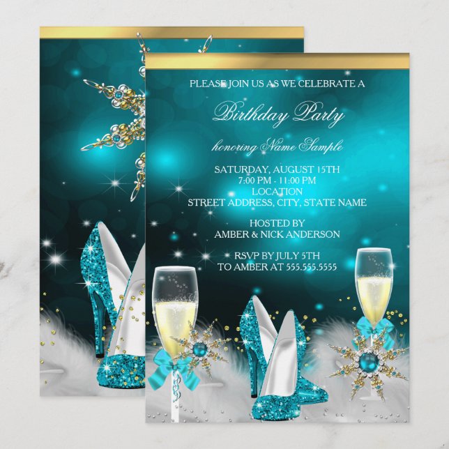 Invitation Escarpins sarcelle à paillettes argent or champagn (Devant / Derrière)