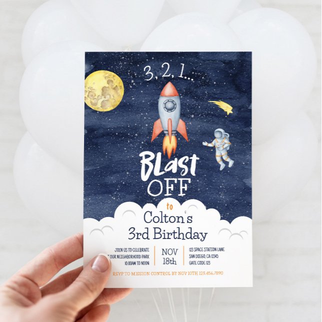 Invitation Espace 3 2 1 Coup de projecteur Anniversaire Invit (321 Blast Off Space Birthday Invitation)