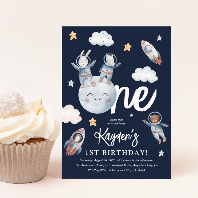 Invitation Espace Animaux de la Forêt Mignon 1er Anniversaire (Cute Space Woodland Animals 1st Birthday Party Invitation)