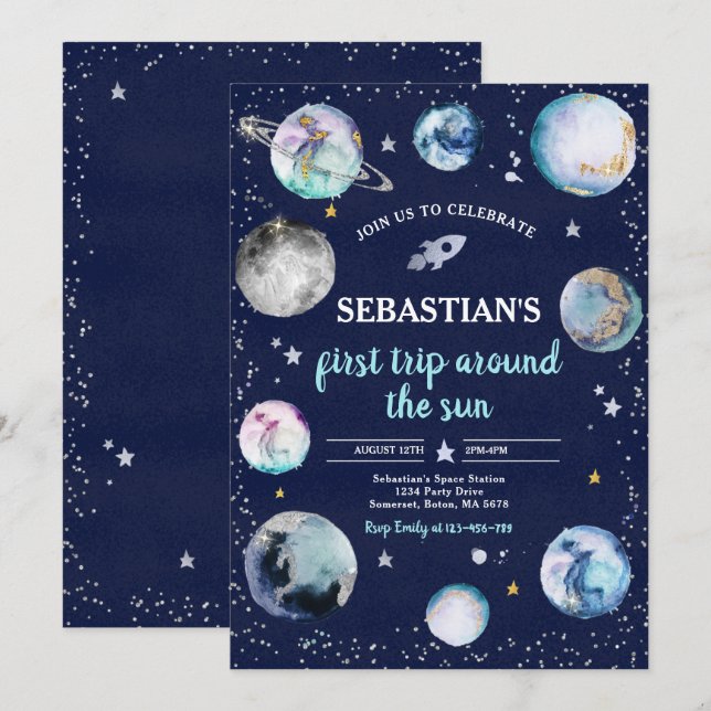 Invitation Espace Anniversaire Premier Voyage Autour Du Solei (Devant / Derrière)