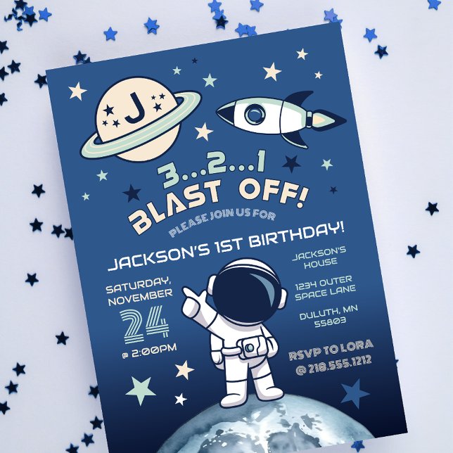 Invitation Espace Cosmique Extraordinaire 1er Anniversaire (Outer Space Out of this World 1st Birthday Invitation)