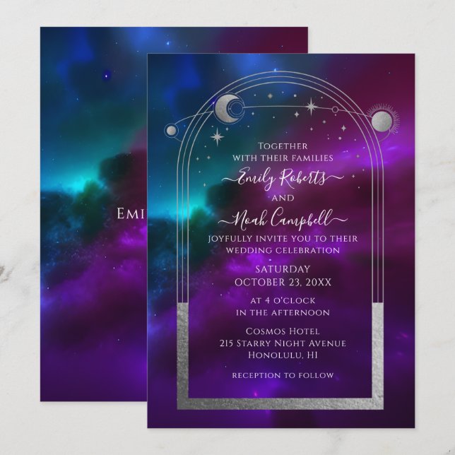 Invitation Espace d'astronomie de la Lune Solaire Turquoise d (Devant / Derrière)