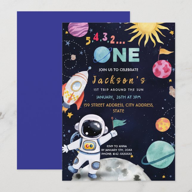 Invitation Espace Extérieur Thème 1er Anniversaire (Devant / Derrière)