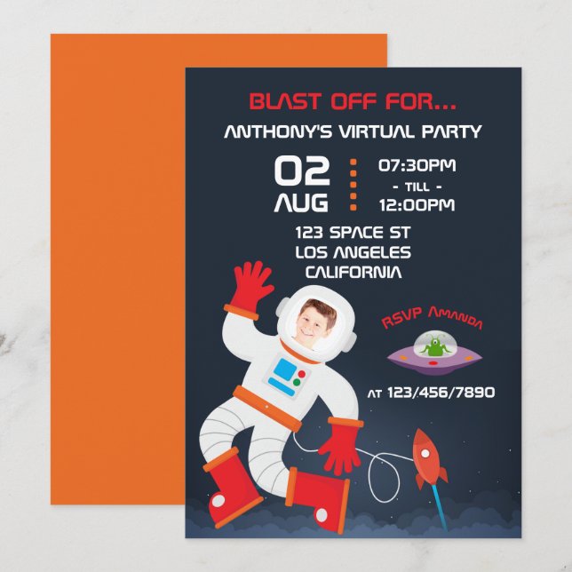 Invitation Espace Extérieur Thème Virtual Anniversaire Photo (Devant / Derrière)