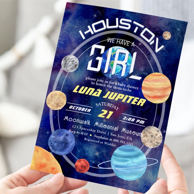 Invitation Espace Externe Houston Système Solaire Baby Girl D (Houston, We Have a Girl! Cute Solar System Space Themed Invitation.)