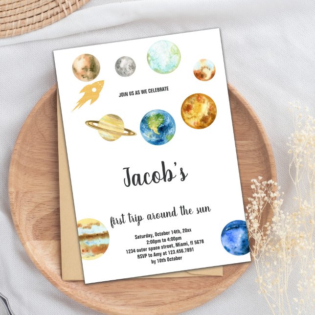 Invitation Espace extra-atmosphérique 1er anniversaire Thème (First Trip around the sun Birthday Invitations)