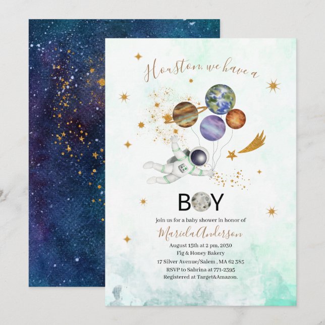 Invitation Espace extra-atmosphérique Galaxie baby shower éto (Devant / Derrière)