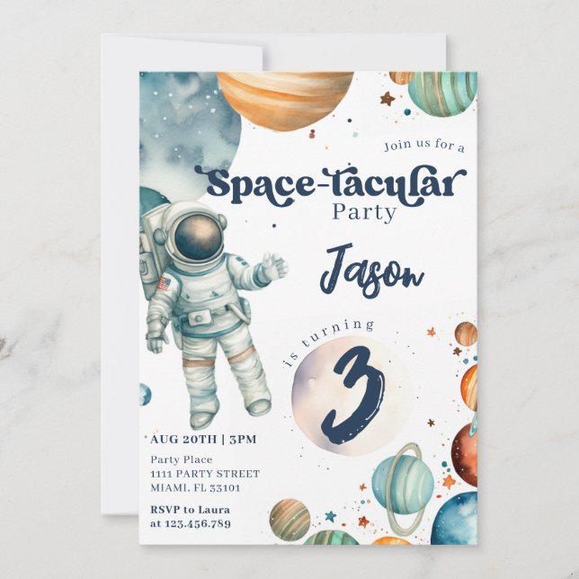 Invitation Espace Garçon Astronaute Bleu Anniversaire (Devant)