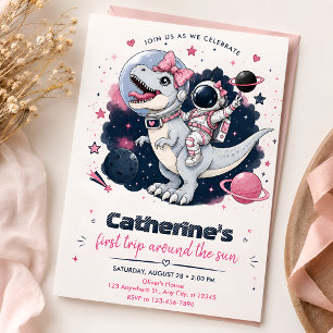 Invitation Espace Rose Dinosaure Première Anniversaire Fille