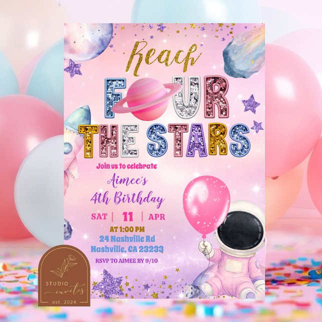 Invitation Espace Rose Sequins Fille Violette atteignant QUAT (Créateur téléchargé)