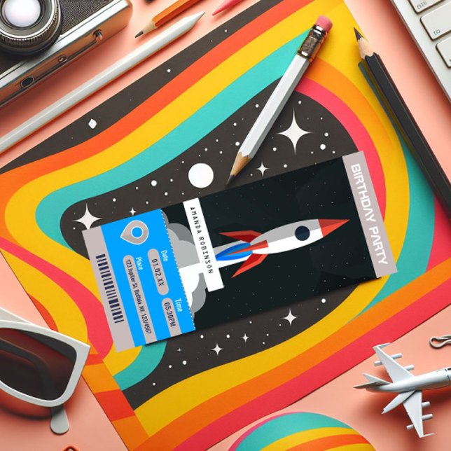 Invitation Espace Thème Anniversaire Voyage Ticket (Space Ticket Birthday Party Invitation)