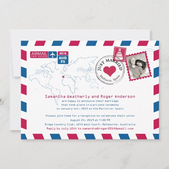 Invitation Espagne Réception de Mariage par Avion Poste (Devant)