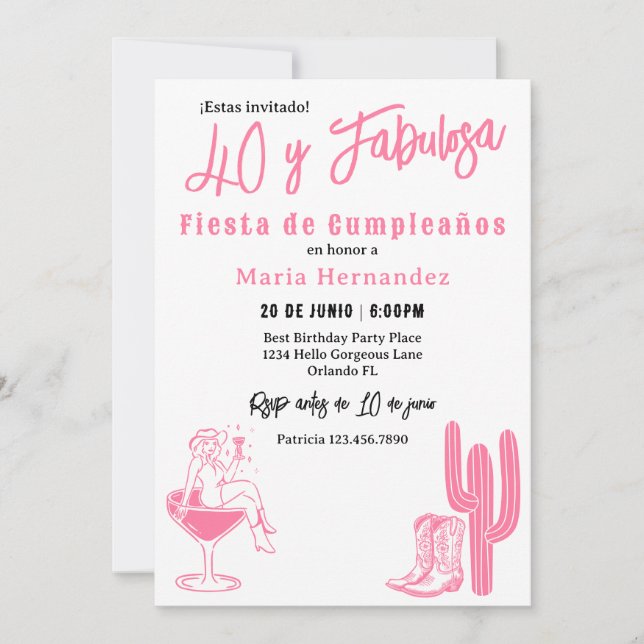 Invitation Espagnol 40 ans et Fabuleuse Fête d'anniversaire W (Devant)
