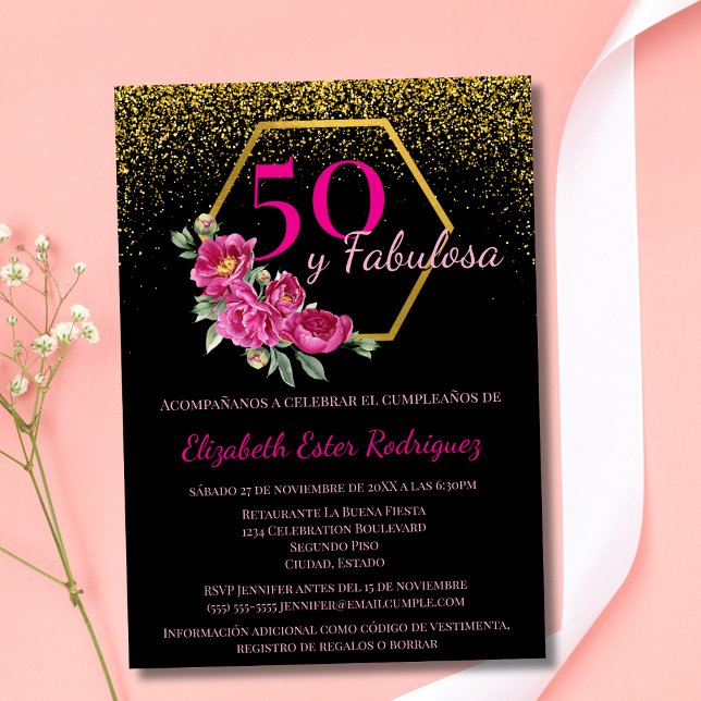 Invitation Espagnol 50 ans et Fabuleuse Noir Or Rose Chic Flo (Créateur téléchargé)