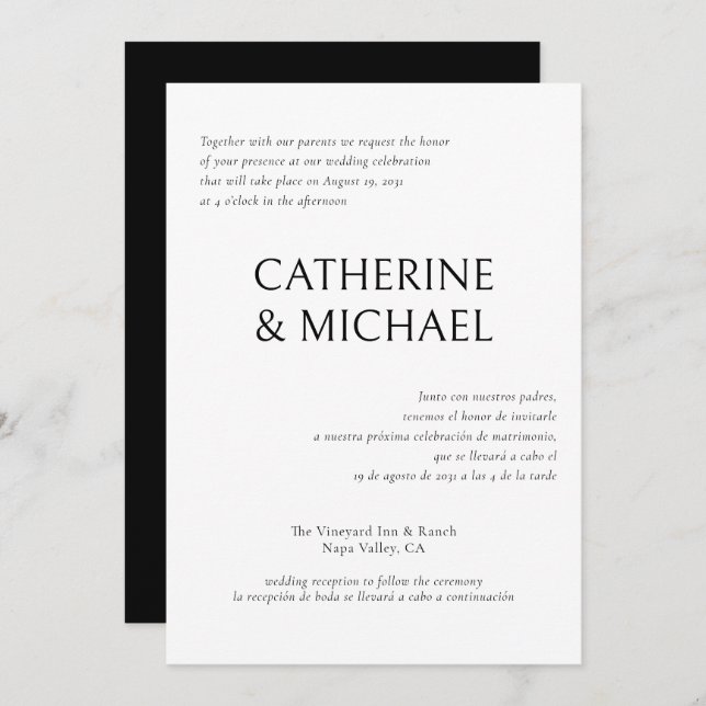 Invitation Espagnol Anglais Bilingue Élégant Mariage classiqu (Devant / Derrière)