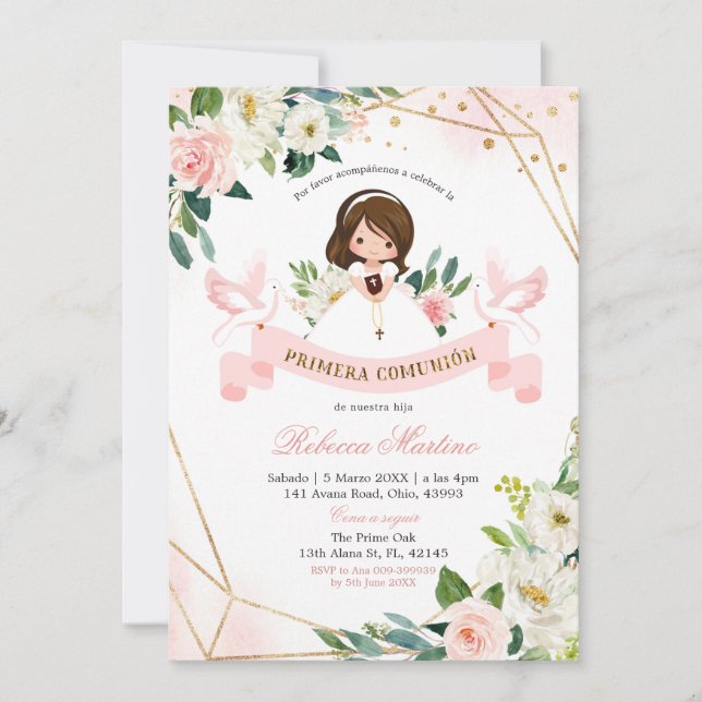 Invitation Espagnol Anglais Rose or Floral Girlly Christening (Devant)