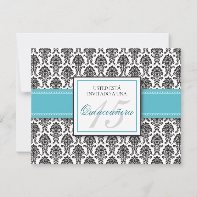 Invitation ESPAGNOL Aqua Damask Quinceañera Invitación (Devant)