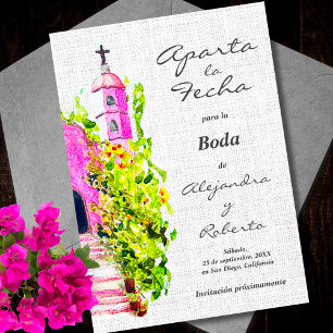 Invitation Espagnol, Aquarelle Chapelle Rose Mariage Date à E