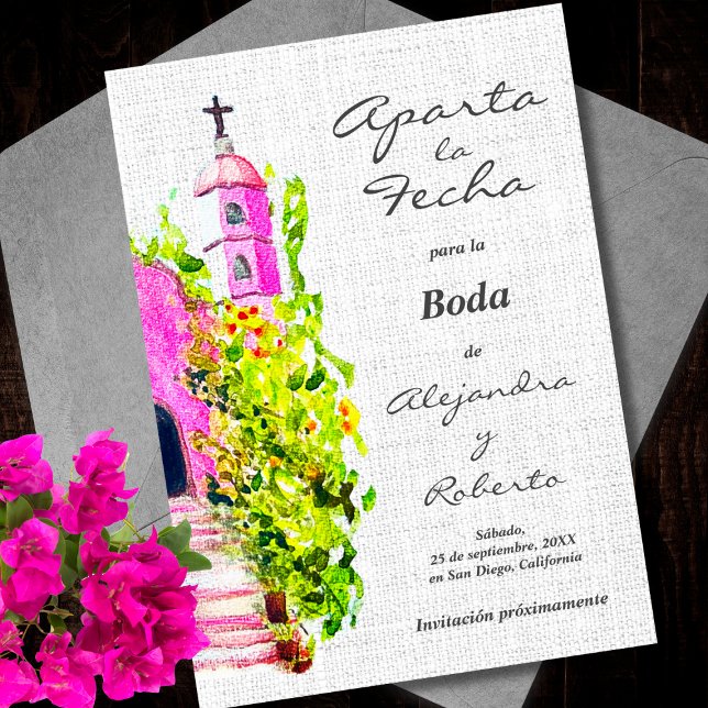 Invitation Espagnol, Aquarelle Chapelle Rose Mariage Date à E (Créateur téléchargé)