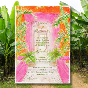 Invitation Espagnol, Aquarelle Tropical Rose Mariage mexicain