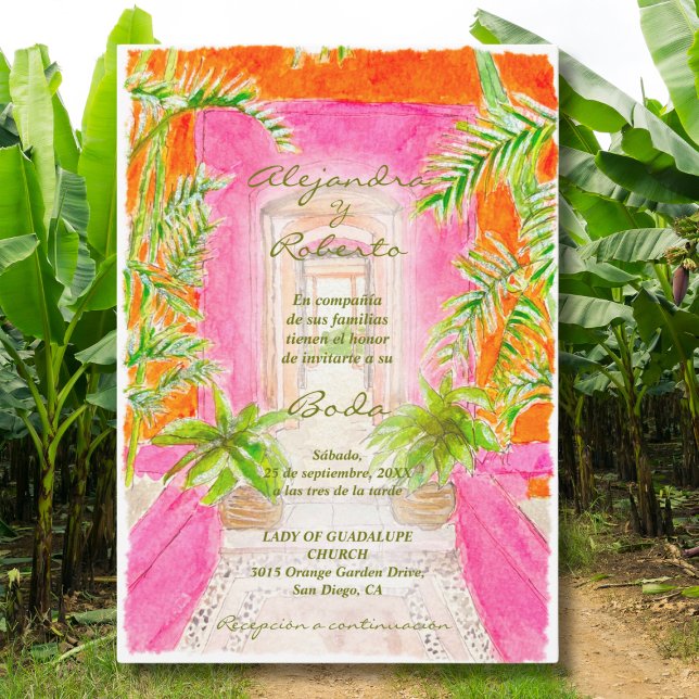 Invitation Espagnol, Aquarelle Tropical Rose Mariage mexicain (Créateur téléchargé)